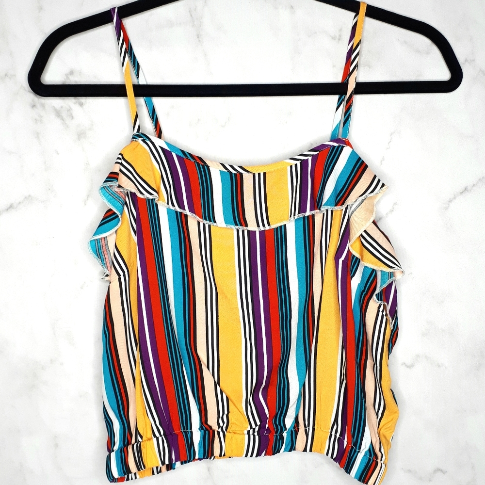 Crop Top Striped Print Ruffle Neck Spaghetti Strap